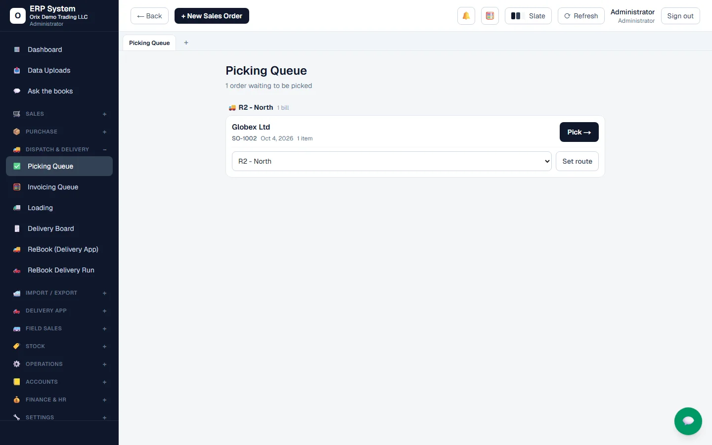 Orix ERP screenshot: Picking queue