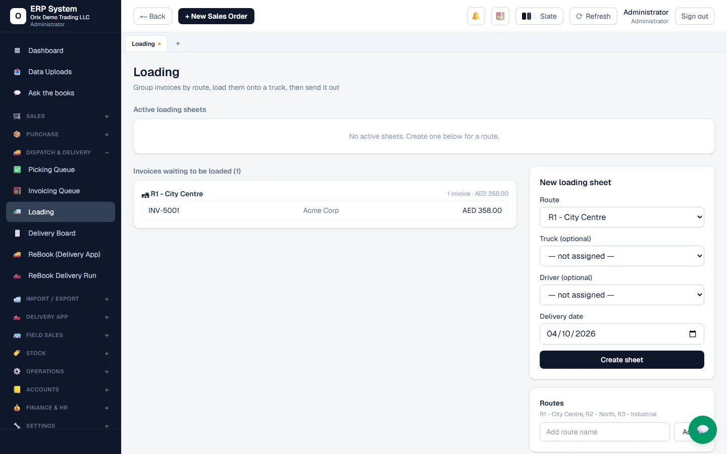Orix ERP screenshot: Loading by route and truck