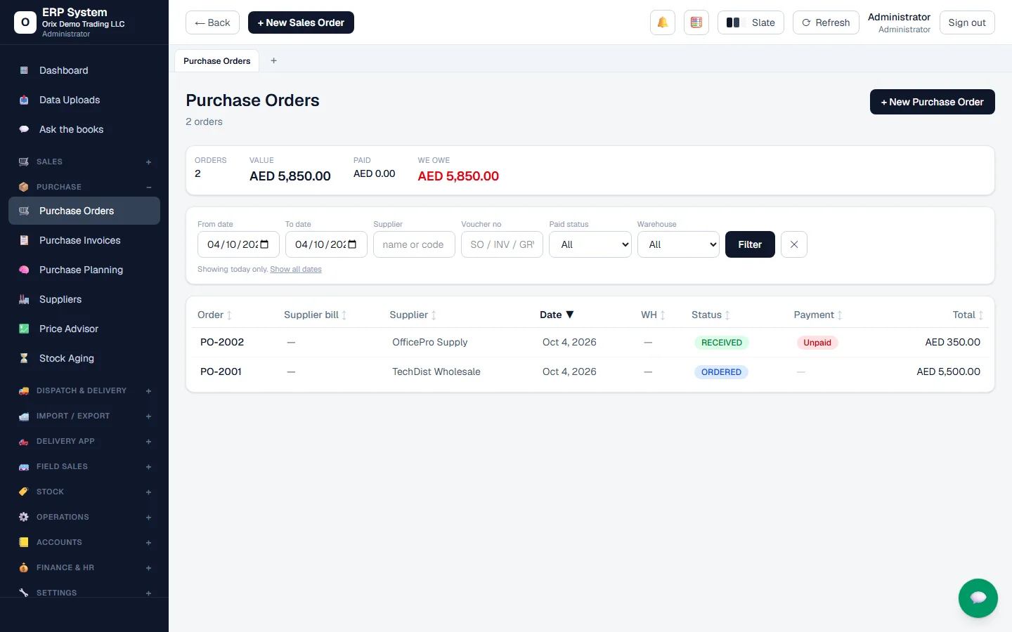 Orix ERP screenshot: Purchase orders